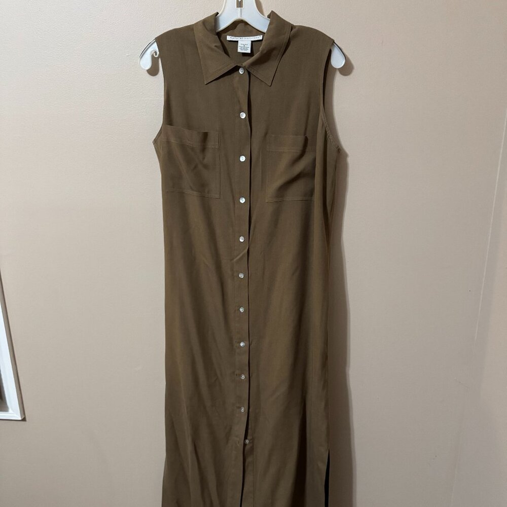 90s Natural Instincts Silk Maxi Shirt Dress | 90s Button-Front Brown Sleeveless